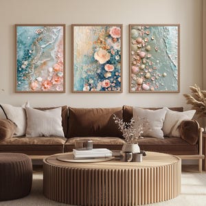 Set di 3 stampe da parete con motivi floreali e costieri, stampe con conchiglie da spiaggia, decorazioni boho cottagecore, stampe da parete romantiche con oceano per il soggiorno
