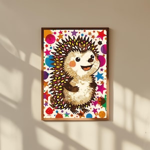 Arte infantil de erizo divertido: póster de animales del bosque, impresión de pared de un erizo adorable, decoración moderna para habitación de bebé de género neutro