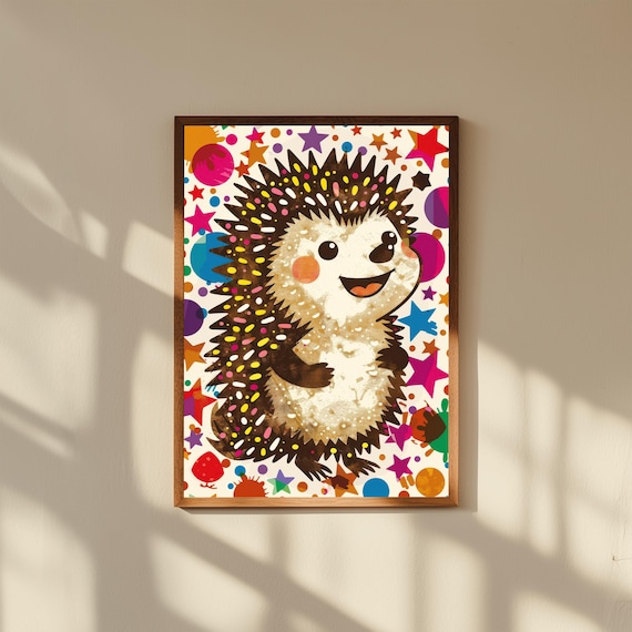 Funky Baby Hedgehog Nursery Art – Whimsical Woodland Animal Poster, Cute Hedgehog Wall Print, Modern Gender Neutral Baby Room Decor