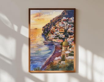 Positano Sunset Watercolor Print: Amalfi Coast Italian Landscape