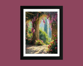 Impresión artística de jardín de rosas: pintura al óleo floral estilo cottagecore romántico