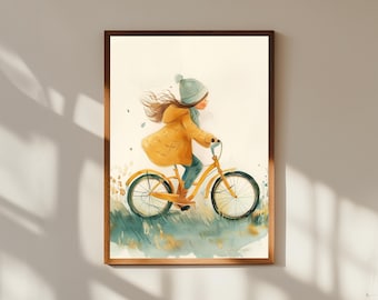 水彩画の小人 (フレーム付き) 気まぐれな自転車の水彩画：子供時代の節目となる保育園のアート
