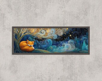 Whimsical Fox Starry Night Art Print: Fantasy Cottagecore Decor