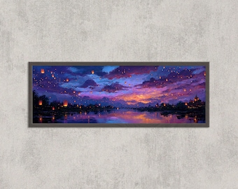 Chiang Mai Lantern Festival Panorama | Thailand Night Sky Painting Wall Art Print
