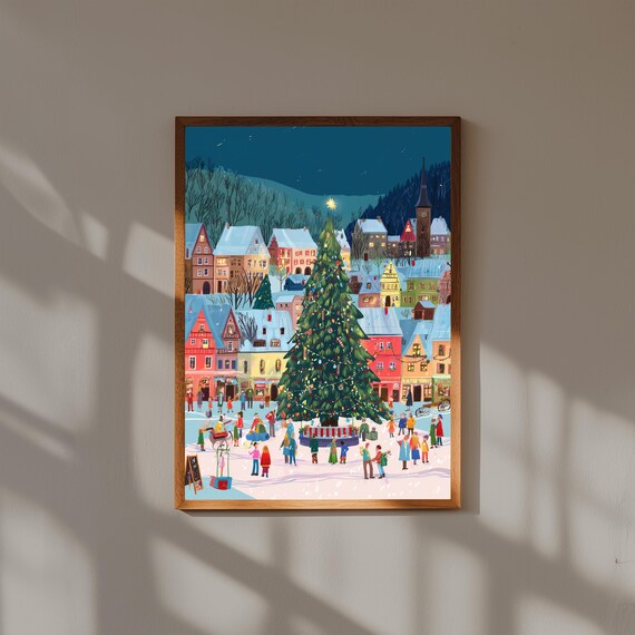 Christmas Village Wall Art – Small Town Winter Festival Print – Holiday Tree Scene Illustration