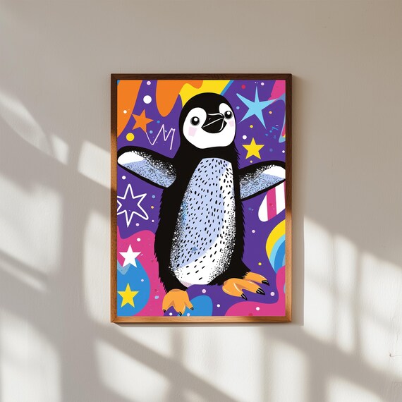 Funky Baby Penguin Nursery Art – Cute Arctic Animal Wall Poster, Whimsical Penguin Print, Modern Gender Neutral Baby Room Decor