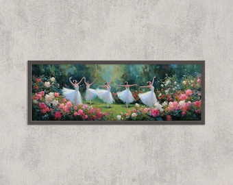 May include: A framed painting showing five ballerinas in white dresses dancing in a garden of pink and white roses. The artwork has a dark brown frame and is set against a textured grey background.