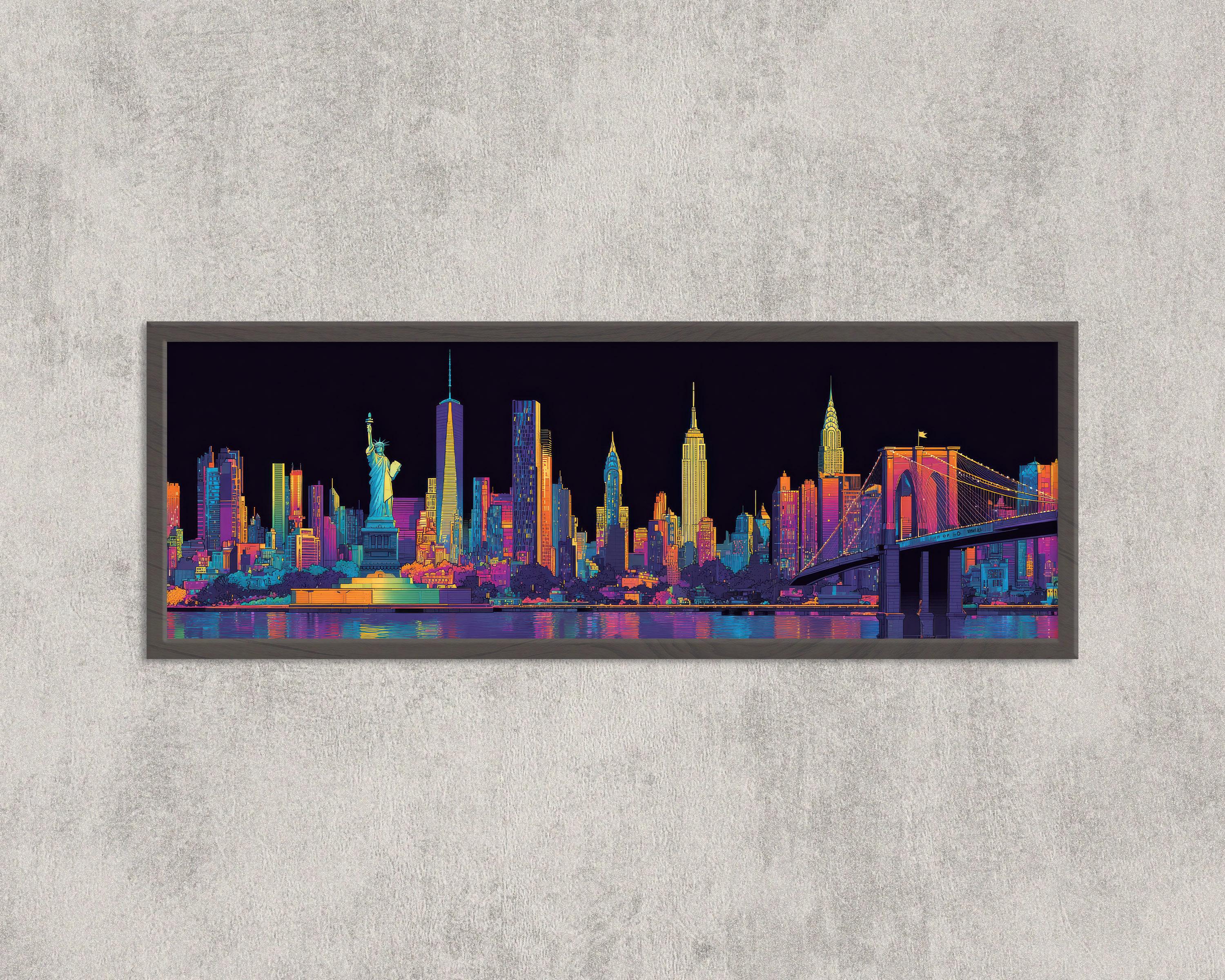 Neon New York City Skyline Print: Pop Art Statue of Liberty Poster
