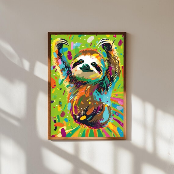 Funky Baby Sloth Nursery Art – Cute Jungle Animal Poster, Whimsical Sloth Wall Print, Modern Gender Neutral Baby Room Decor
