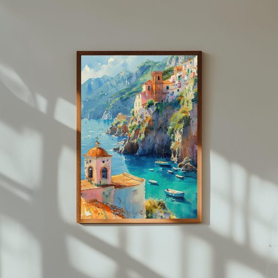 Watercolor Painting of Amalfi Coast Italy | Colorful Cliffside Village Wall Art Print | Mediterranean Travel Poster
