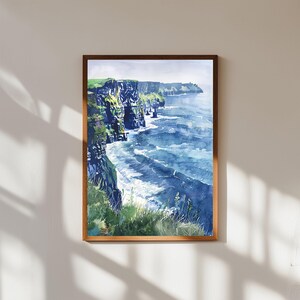 Impresión de acuarela de los acantilados de Moher, arte mural costero de Irlanda, póster de la Ruta Salvaje del Atlántico, decoración de paisajes naturales, regalo de viaje para el hogar