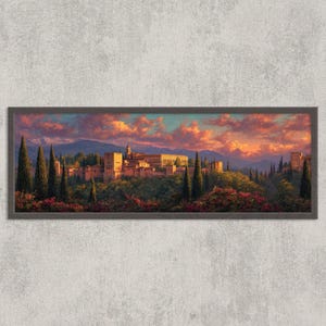 Alhambra Sunset Painting Print: Romantic Spain Palace Art