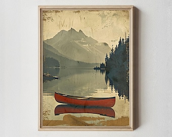 Vintage print kanomeer: rustiek berglandschap, kunst aan de muur hut