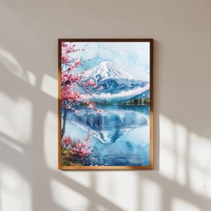 富士山の水彩画ウォールアートプリント、日本の風景画、桜の壁飾り、日本の自然ポスター、桜の春のアートワーク