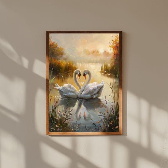 Romantic Swan Heart Oil Painting – Two Swans on Countryside Lake Wall Art, Elegant Nature Love Poster, Tranquil Animal Art Print