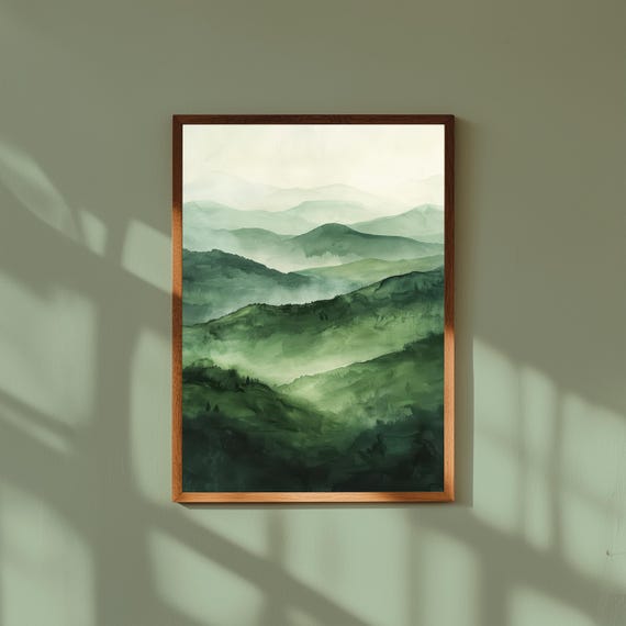 Serene Misty Highlands Wall Art | Rolling Green Hills Landscape Painting | Foggy Nature Canvas | Peaceful Mountain Decor | Scotland Print
