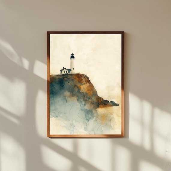 Lighthouse Coastal Wall Art | Distant Cliff Seascape Painting | Nautical Ocean Print | Beach House Decor | Maritime Landscape Art