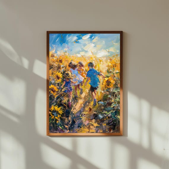 Children Running Through Sunflower Field Print, Midsummer Oil Painting Style Wall Art, Joyful Nature Poster, Nostalgic Country Decor