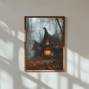 Cozy Witch Cottage Art Print: Foggy Autumn Forest, Dark Fairytale