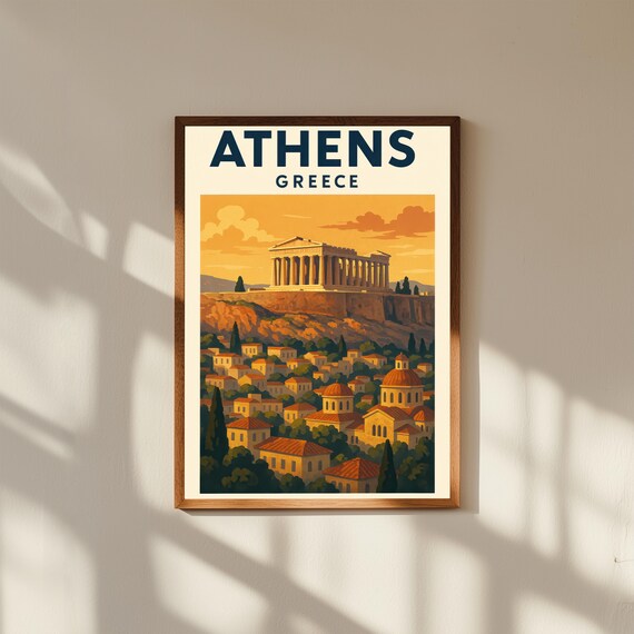 Athens Greece Vintage Travel Poster Print – Retro Wall Art of Acropolis Parthenon – Greek Souvenir Art for Home Decor