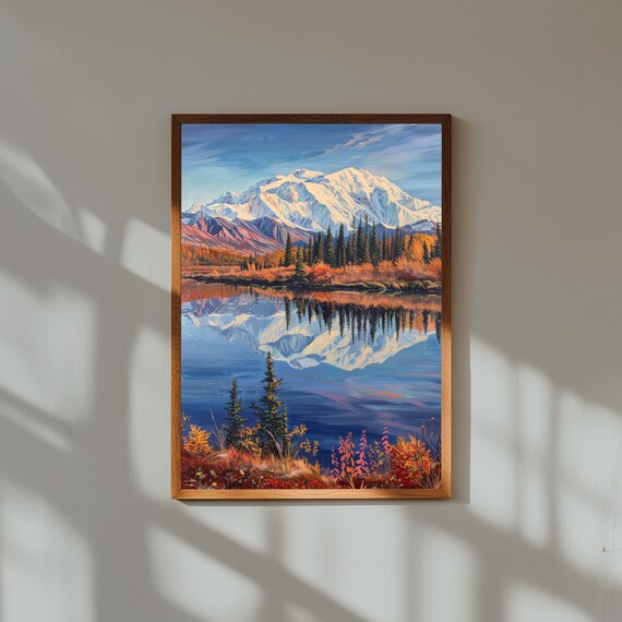 Denali Reflection Oil Painting – Majestic Mountain Landscape Print – Alpine Lake Wall Art – Alaska Nature Poster