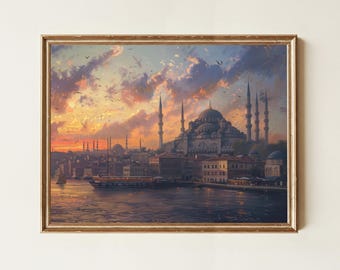 Istanbul Sunset Art Print: Turkey Cityscape Oil Painting Reproduction