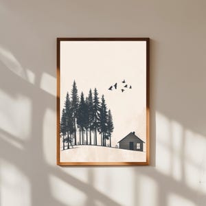 Minimalistischer Wald Cabin Print – Einfache Hütte mit hohen Kiefern, Moderne Natur Wand Kunst, Skandinavisches Wald Poster, Rustikales Dekor