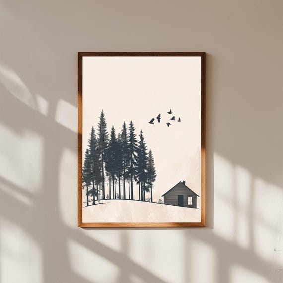 Minimalist Forest Cabin Print – Simple Cabin with Tall Pine Trees, Modern Nature Wall Art, Scandinavian Woodland Poster, Rustic Decor