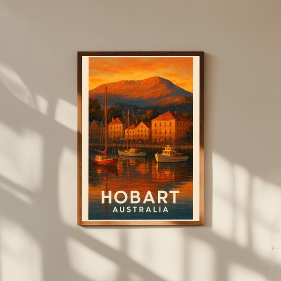 Hobart Australia Vintage Travel Poster Print – Retro Wall Art of Mount Wellington & Waterfront – Tasmania Decor for Home or Office