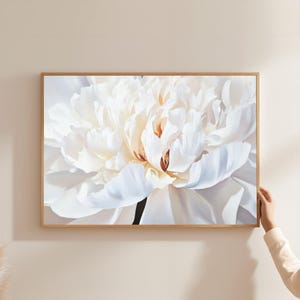 White Peony Wall Art, Floral Oil Painting Print, Minimalist Botanical Decor, Framed or Unframed, Large Canvas Art for Bedroom or Living Room