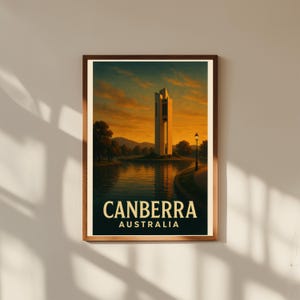 Póster de viaje vintage de Canberra, Australia: Casa del Parlamento y arte del lago