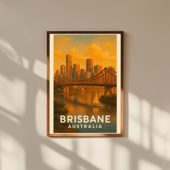 Brisbane Australia Travel Poster Print – Vintage Wall Art of Story Bridge & Skyline – Queensland Cityscape Decor for Home or Office