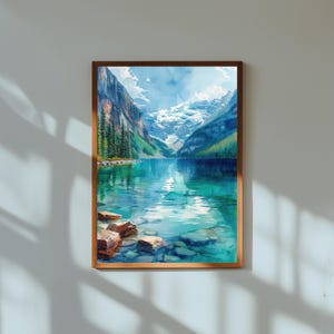 Pintura en acuarela del lago Louise Banff / Impresión de arte mural del lago Esmeralda y picos nevados / Póster de naturaleza de las Montañas Rocosas Canadienses