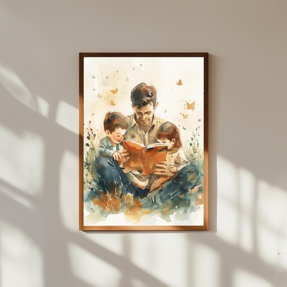 Whimsical Watercolor Bedtime Story Print, Parent Reading to Children Art, Nursery Wall Decor, Cozy Nighttime Kids Room Illustration