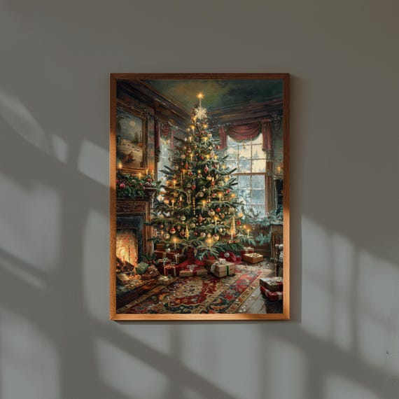 Vintage Christmas Tree in 19th Century Parlor – Oil Painting Print, Victorian Holiday Wall Art, Classic Christmas Decor, Cozy Winter Poster