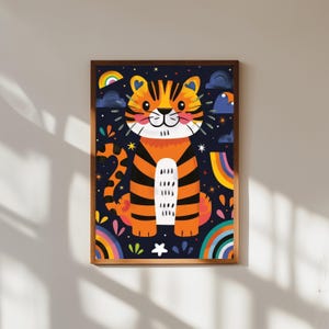 Funky Baby Tiger Nursery Art – Cute Jungle Animal Poster, Whimsical Tiger Wall Print, Modern Gender Neutral Baby Room Decor