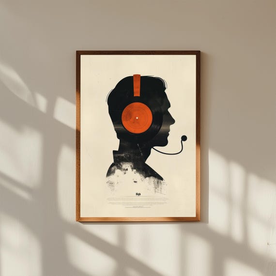 High Fidelity Poster – Minimalist John Cusack Silhouette with Headphones or Vinyl, Modern Music Movie Art Print, Retro Film Wall Decor