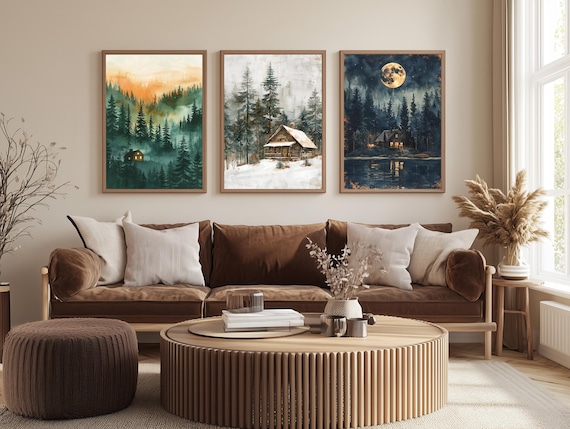 Forest Cabin Wall Art Set of 3 – Cozy Winter, Sunset & Moonlight Lake Prints – Rustic Woodland Home Decor