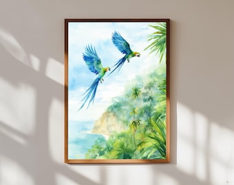 Tropical Parrot Watercolor Painting: Exotic Jungle Wall Art