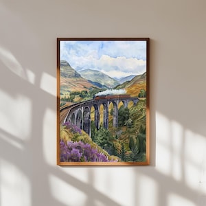 Glenfinnan Viaduct Print: Scottish Highlands Steam Train Watercolor