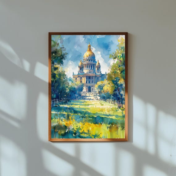 Watercolor Painting of Les Invalides Paris | Golden Dome French Architecture Wall Art Print | European Landmark Travel Poster