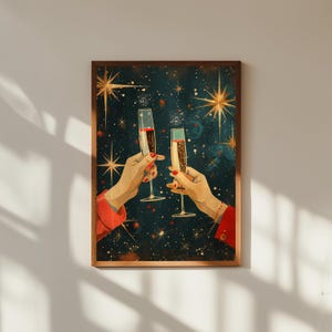 Arte mural retro de Nochevieja: Impresión de copas de champán chocando, decoración de fiesta vintage, póster de celebración de los años 50, arte festivo de mediados de siglo