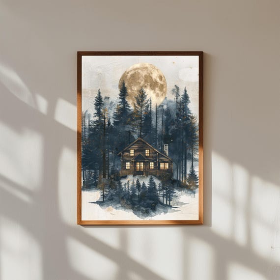 Cozy Forest Cabin Under Full Moon – Nighttime Nature Poster, Moonlit Cabin Wall Art, Rustic Landscape Print, Woodland Night Decor