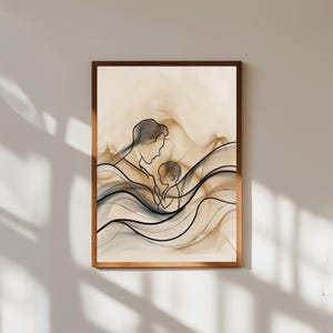 Impresión artística minimalista de línea para padres y bebés / Dibujo de cuna de línea fina / Arte moderno de pared para guardería / Regalo de maternidad / Decoración familiar elegante