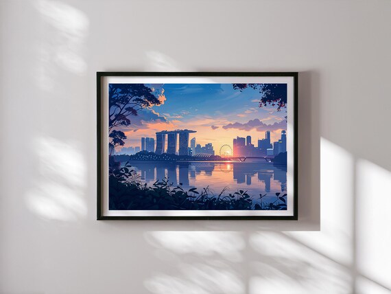 Singapore Illustration Wall Art – Modern Cityscape Print – Travel Poster Decor – Marina Bay Skyline Drawing – Southeast Asia Artwork