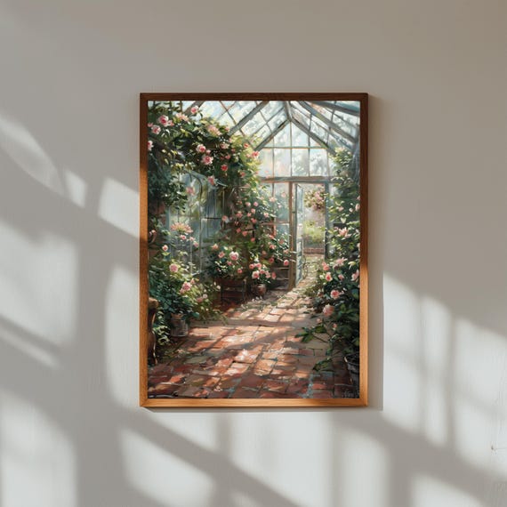 Antique Greenhouse Spring Oil Painting Print, Victorian Glasshouse Wall Art, Floral Garden Poster, Botanical Bloom Decor, Vintage Nature Art