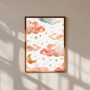 Sterne und Wolken Aquarell Druck | Skurril Himmel Kinderzimmer Wand Kunst | Soft Pastel Dream Decor | Kinderzimmer Poster | Himmlischer Kunstdruck