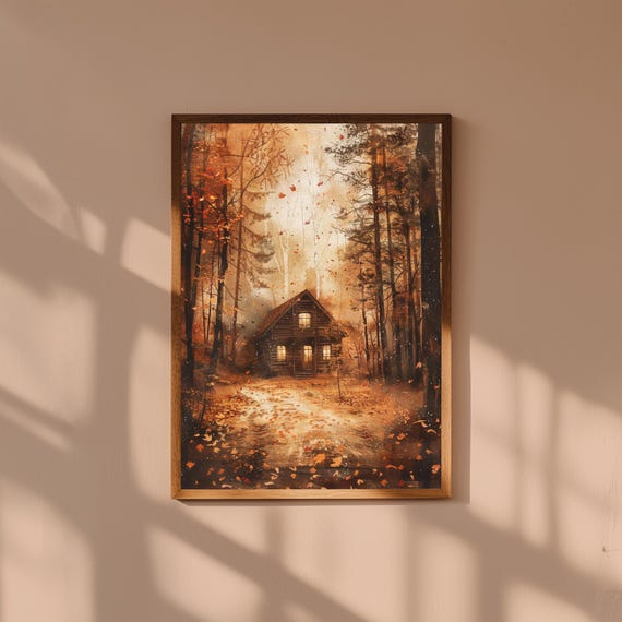 Cozy Forest Cabin Poster Art – Rustic Nature Wall Print, Woodlands Cabin Landscape Decor, Mountain Forest Art for Bedroom or Living Room