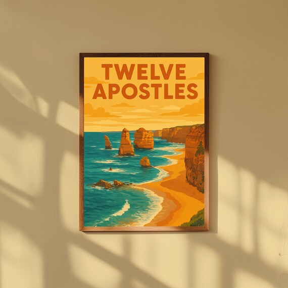 Twelve Apostles Vintage Travel Poster, Great Ocean Road Wall Art, Retro Coastal Landscape Print, Australia Beach Illustration Decor