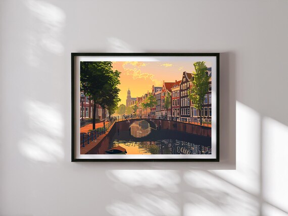 Amsterdam Illustration Wall Art – Netherlands Cityscape Print – Travel Poster with Canal Houses – Dutch Decor – Urban Skyline Artwork
